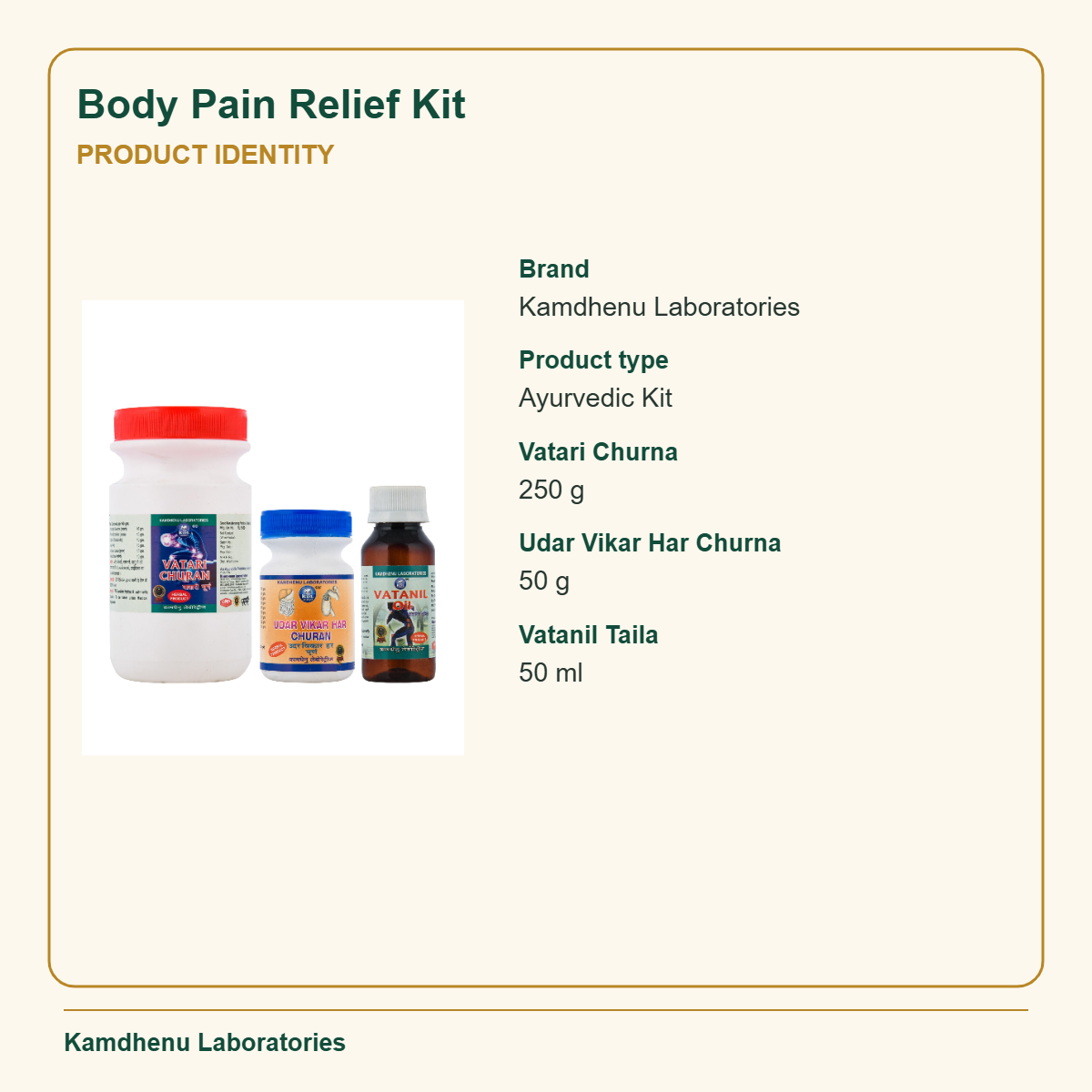 Body Pain Relief Kit — Product Identity: Brand: Kamdhenu Laboratories; Product type: Ayurvedic Kit