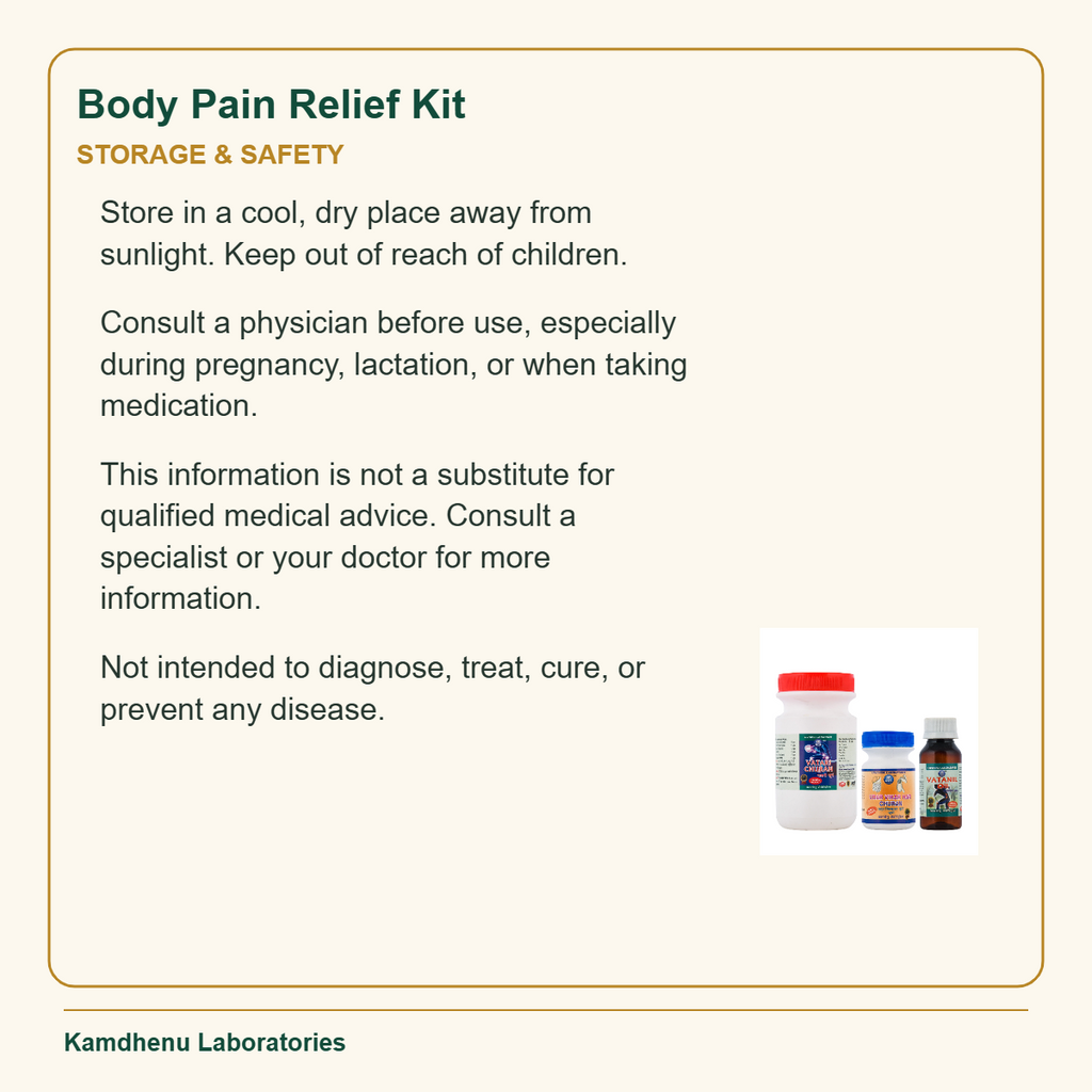 Body Pain Relief Kit — Storage & Safety: Store in a cool, dry place away from sunlight. Keep out of reach of children.