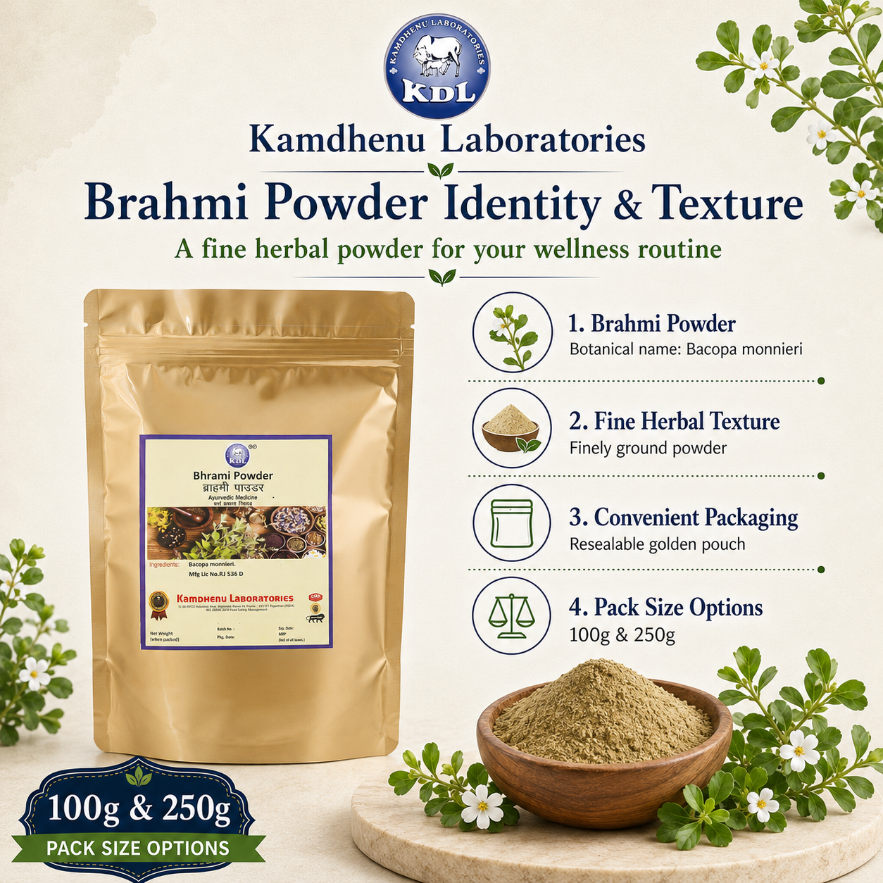 Fine Brahmi Powder texture made from Bacopa monnieri in 100g and 250g packs