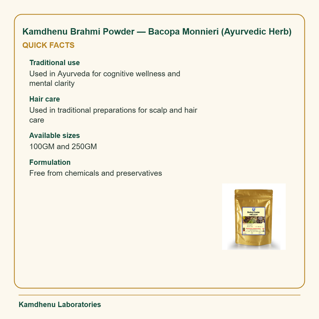 Kamdhenu Brahmi Powder — Bacopa Monnieri (Ayurvedic Herb) — Quick Facts: Traditional use: Used in Ayurveda for cognitive wellness and mental clarity;