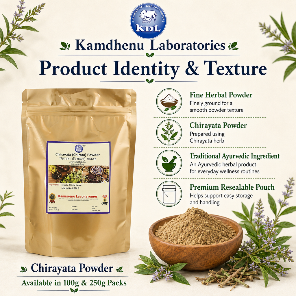Fine herbal Chirayata Powder texture available in 100g and 250g packs