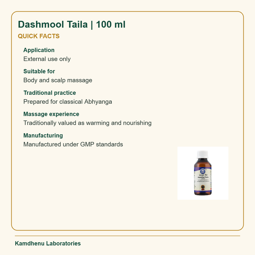 Dashmool Taila | 100 ml — Quick Facts: Application: External use only; Suitable for: Body and scalp massage