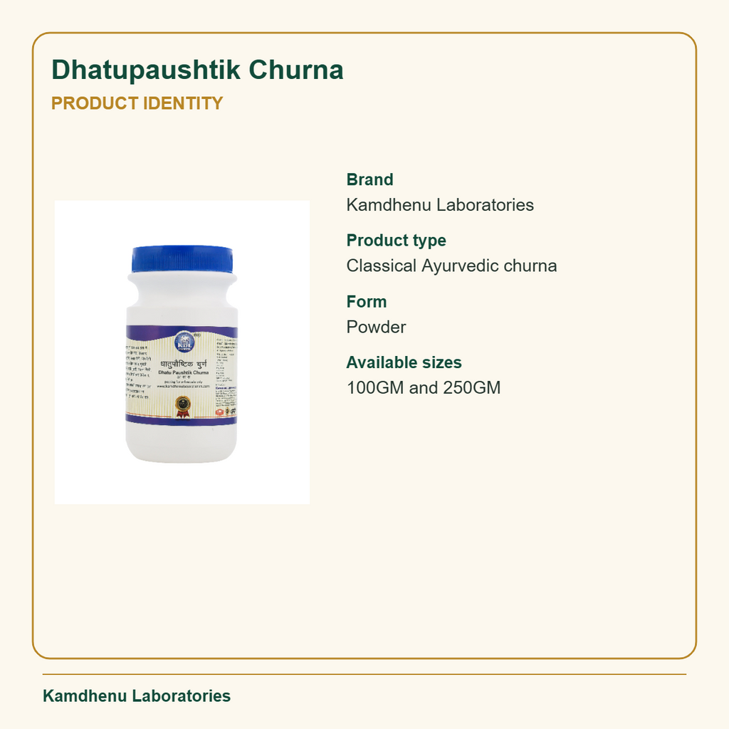 Dhatupaushtik Churna — Product Identity: Brand: Kamdhenu Laboratories; Product type: Classical Ayurvedic churna