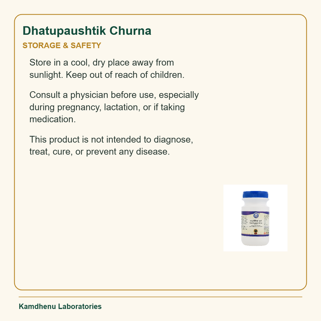 Dhatupaushtik Churna — Storage & Safety: Store in a cool, dry place away from sunlight. Keep out of reach of children.