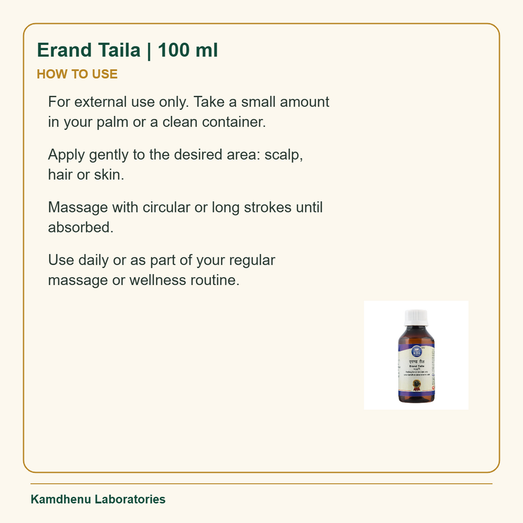 Erand Taila | 100 ml — How to Use: For external use only. Take a small amount in your palm or a clean container.