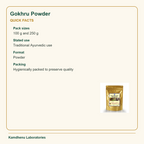 Gokhru Powder — Quick Facts: Pack sizes: 100 g and 250 g; Stated use: Traditional Ayurvedic use