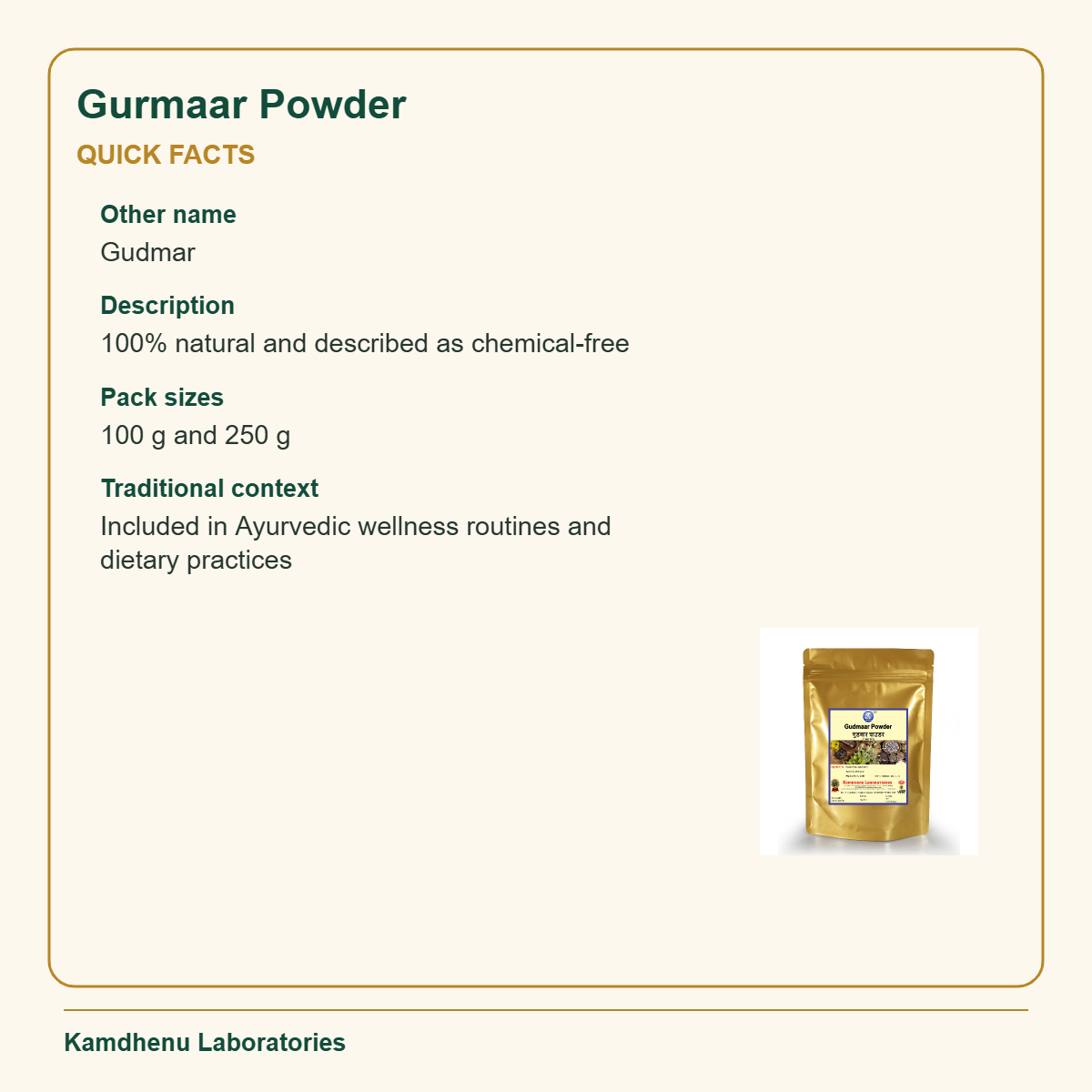 Gurmaar Powder — Quick Facts: Other name: Gudmar; Description: 100% natural and described as chemical-free