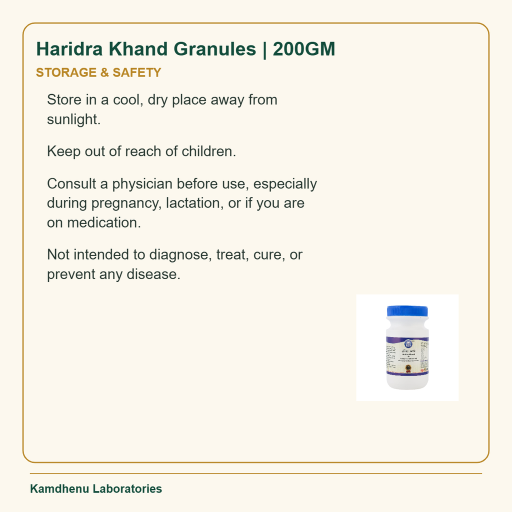 Haridra Khand Granules | 200GM — Storage & Safety: Store in a cool, dry place away from sunlight.
