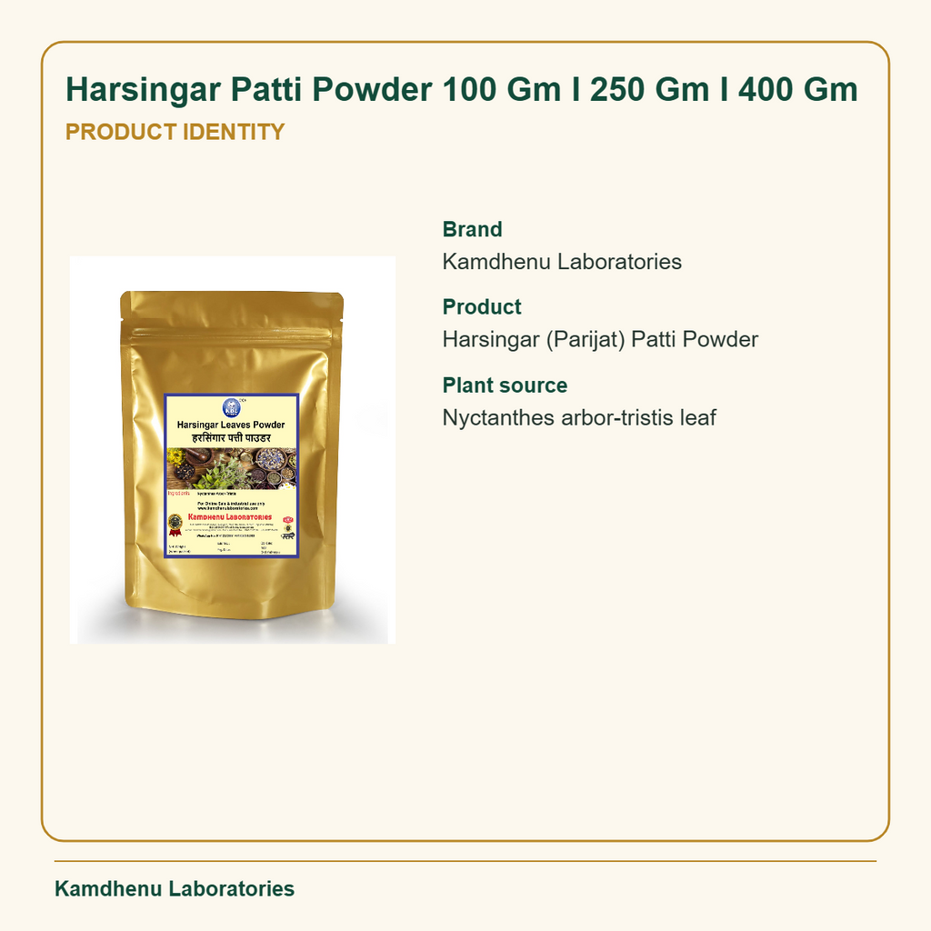 Harsingar Patti Powder 100 Gm I 250 Gm I 400 Gm — Product Identity: Brand: Kamdhenu Laboratories; Product: Harsingar (Parijat) Patti Powder
