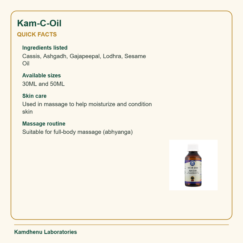 Kam-C-Oil — Quick Facts: Ingredients listed: Cassis, Ashgadh, Gajapeepal, Lodhra, Sesame Oil; Available sizes: 30ML and 50ML