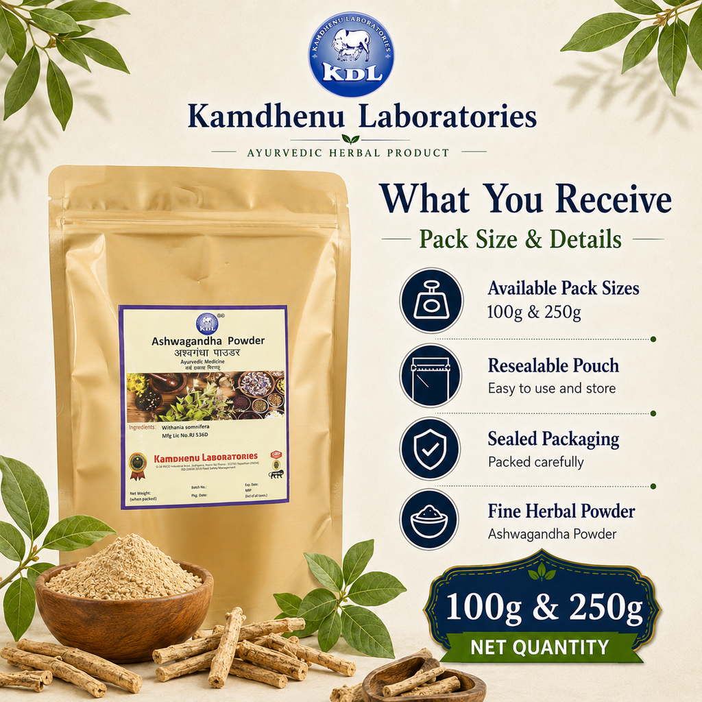 Kamdhenu Ashwagandha Powder 100g and 250g resealable pouch pack sizes