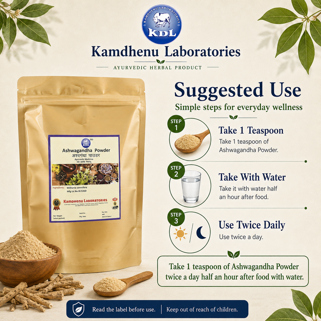 Kamdhenu Laboratories Ashwagandha Powder suggested use with water twice daily