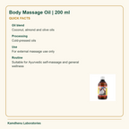 Body Massage Oil | 200 ml — Quick Facts: Oil blend: Coconut, almond and olive oils; Processing: Cold-pressed oils