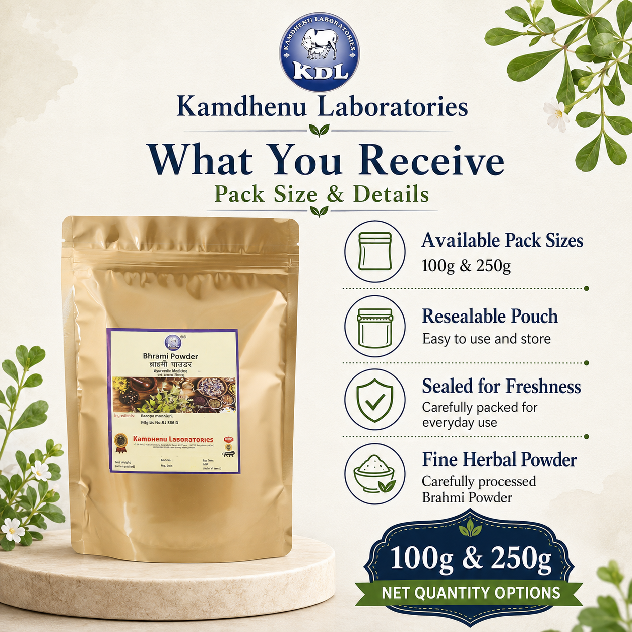 Kamdhenu Laboratories Brahmi Powder available in 100g and 250g resealable pouches