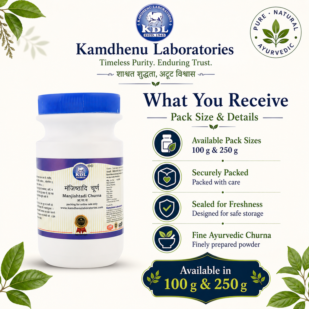 Kamdhenu Laboratories Manjishtadi Churna bottle available in 100 g and 250 g pack sizes