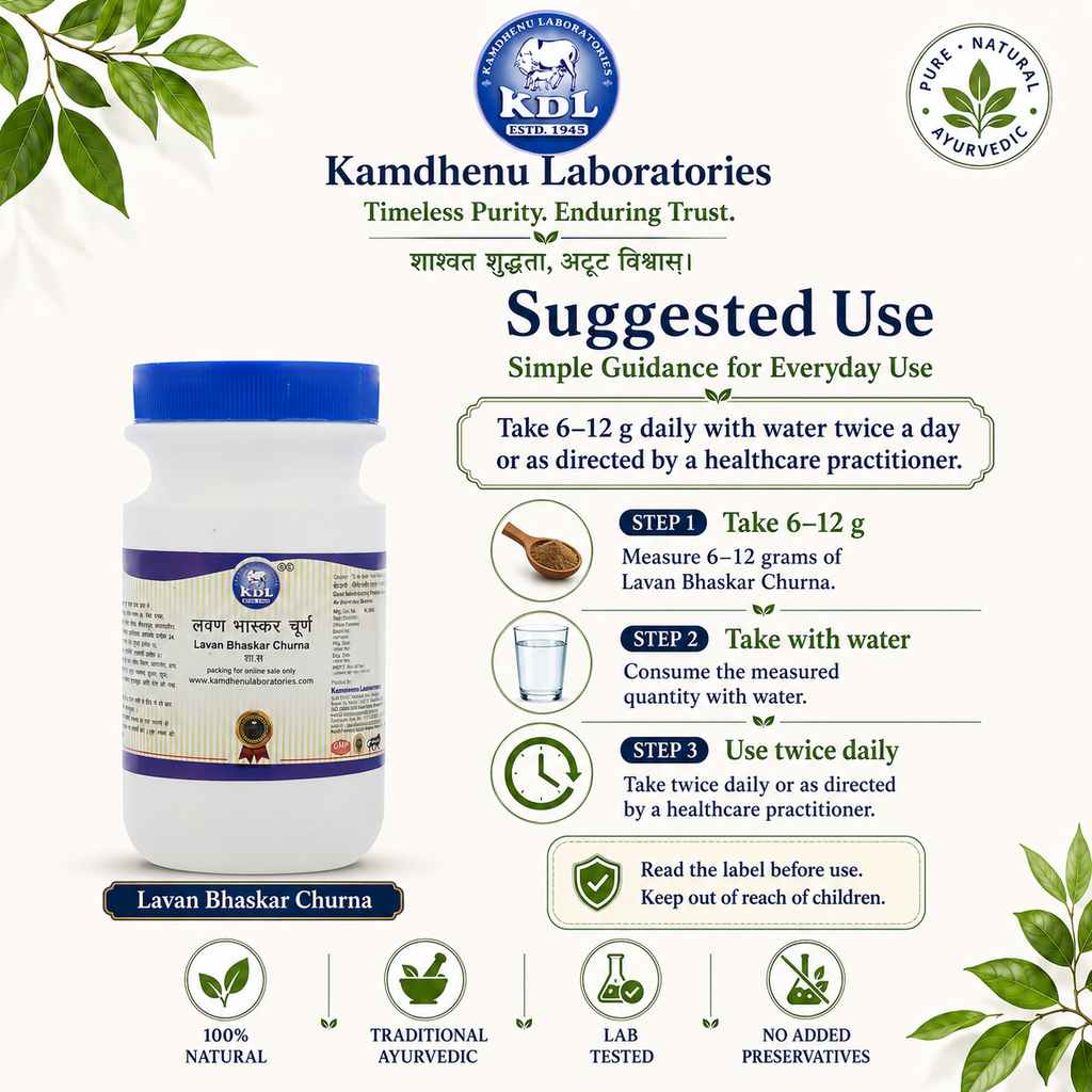 Suggested use for Kamdhenu Laboratories Lavan Bhaskar Churna: take 6–12 g with water twice daily or as directed.