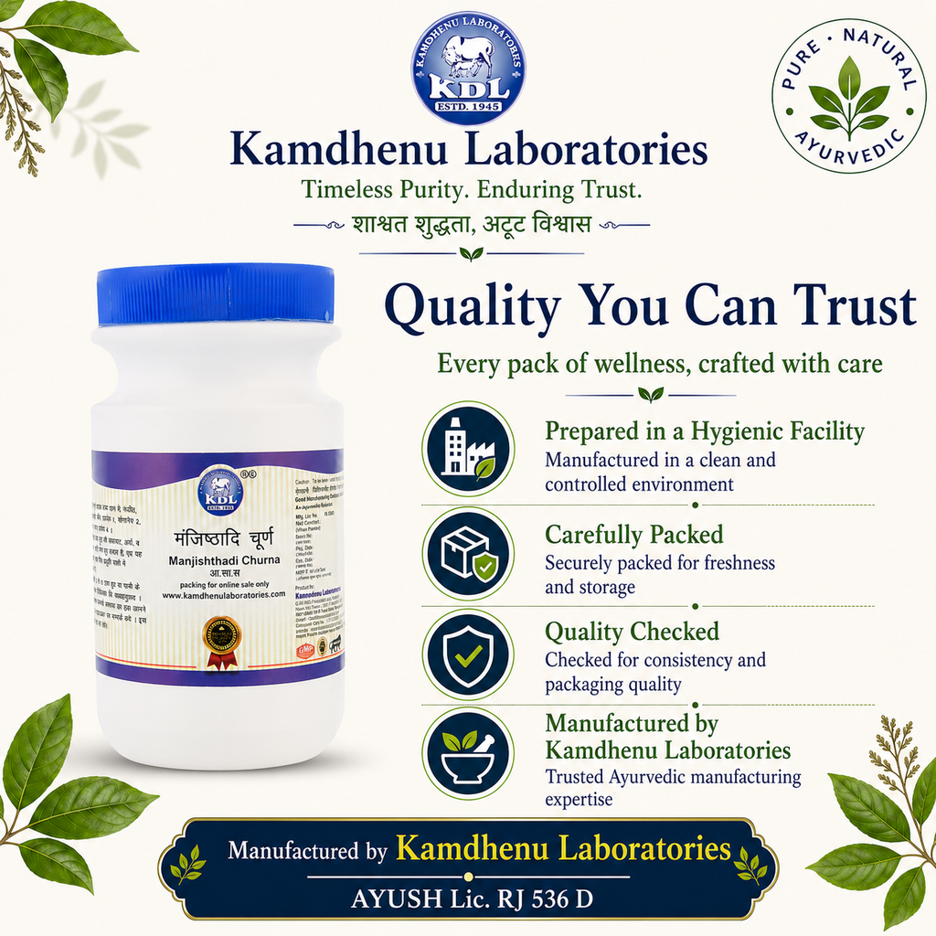 Kamdhenu Laboratories Manjishtadi Churna quality, hygienic manufacturing and AYUSH licence RJ 536 D