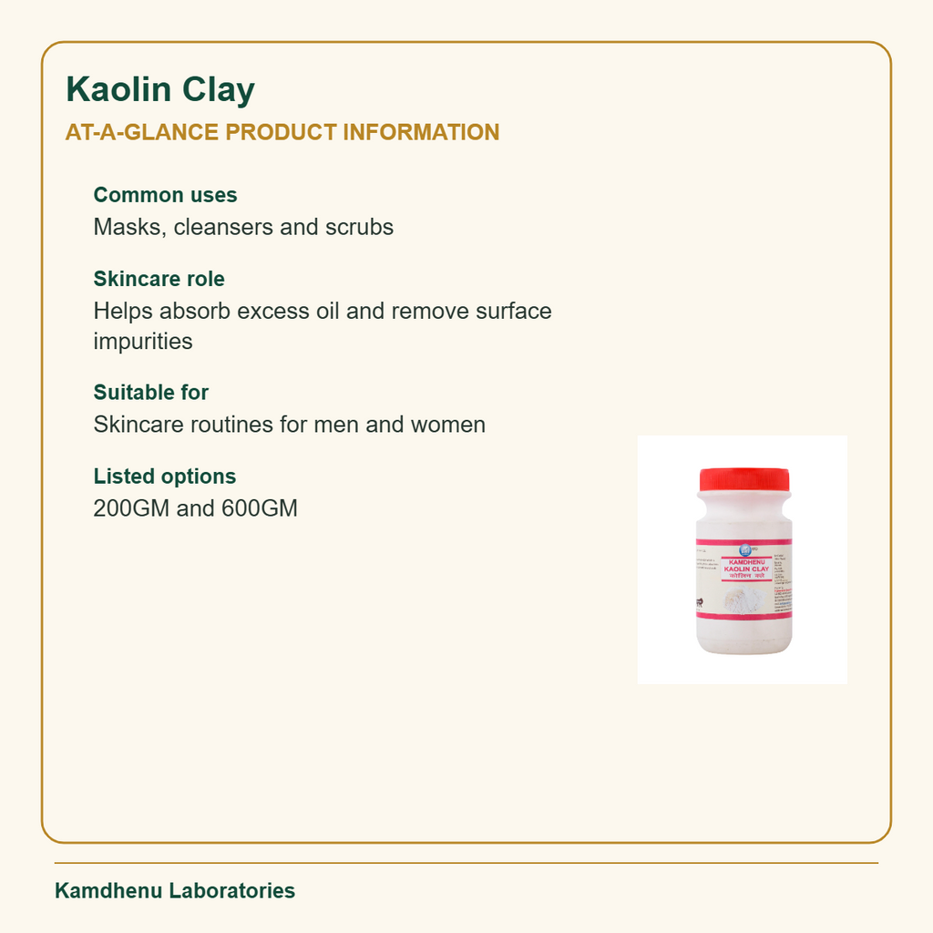 Kamdhenu Laboratories Kaolin Clay quick facts, uses and listed size options