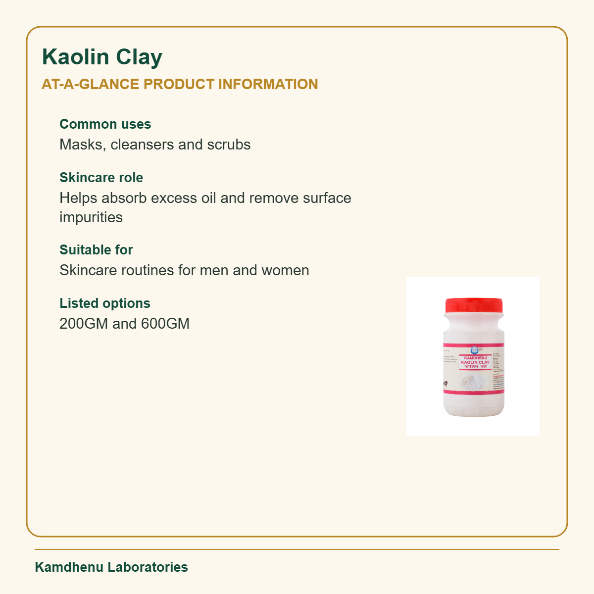 Kamdhenu Laboratories Kaolin Clay quick facts, uses and listed size options