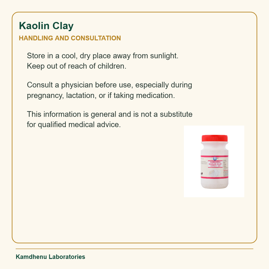Storage and safety guidance for Kamdhenu Laboratories Kaolin Clay