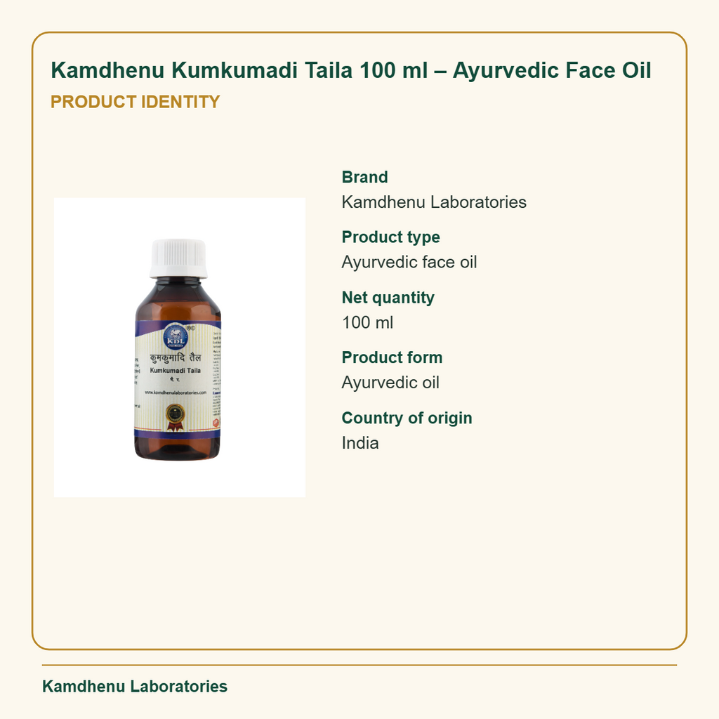 Kamdhenu Kumkumadi Taila 100 ml – Ayurvedic Face Oil — Product Identity: Brand: Kamdhenu Laboratories; Product type: Ayurvedic face oil