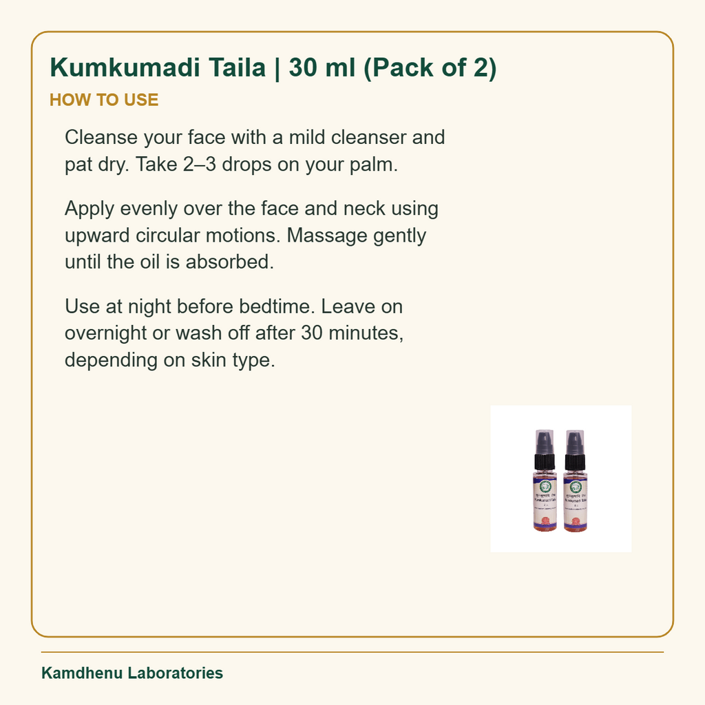 Kumkumadi Taila | 30 ml (Pack of 2) — How to Use: Cleanse your face with a mild cleanser and pat dry. Take 2–3 drops on your palm.