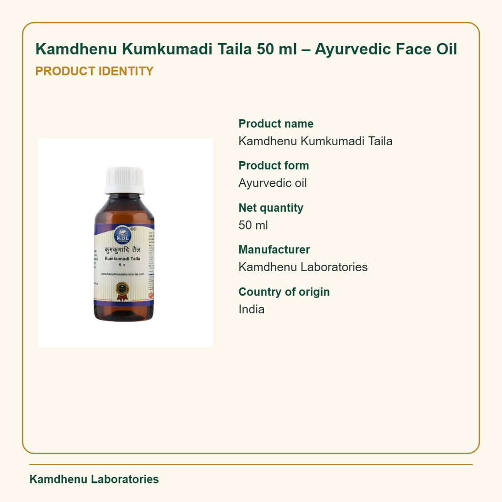Kamdhenu Kumkumadi Taila 50 ml – Ayurvedic Face Oil — Product Identity: Product name: Kamdhenu Kumkumadi Taila; Product form: Ayurvedic oil