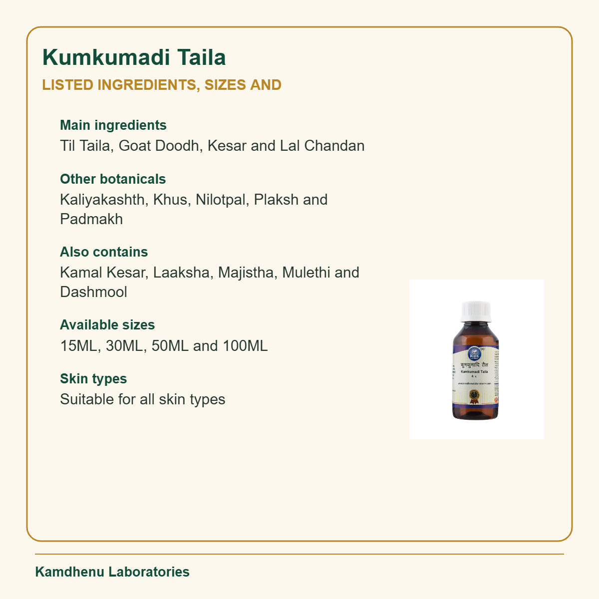 Kamdhenu Laboratories Kumkumadi Taila ingredients and available sizes