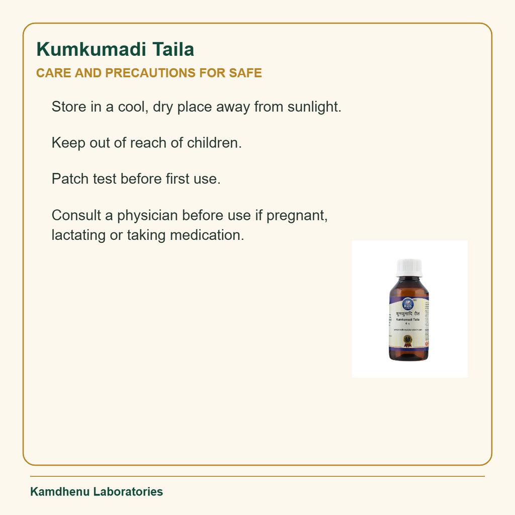 Storage and safety guidance for Kamdhenu Laboratories Kumkumadi Taila