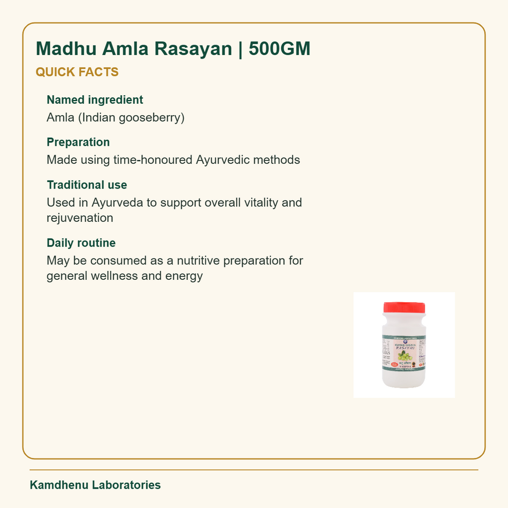 Madhu Amla Rasayan | 500GM — Quick Facts: Named ingredient: Amla (Indian gooseberry)