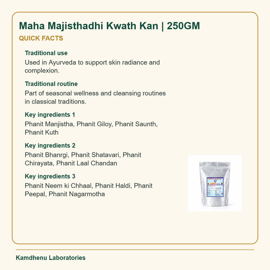 Maha Majisthadhi Kwath Kan | 250GM — Quick Facts: Traditional use: Used in Ayurveda to support skin radiance and complexion.