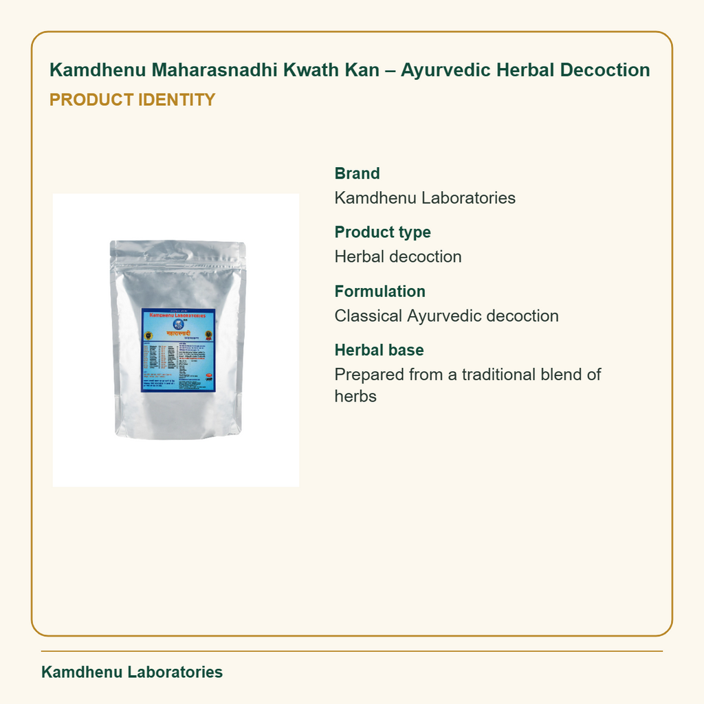 Kamdhenu Maharasnadhi Kwath Kan – Ayurvedic Herbal Decoction — Product Identity: Brand: Kamdhenu Laboratories; Product type: Herbal decoction
