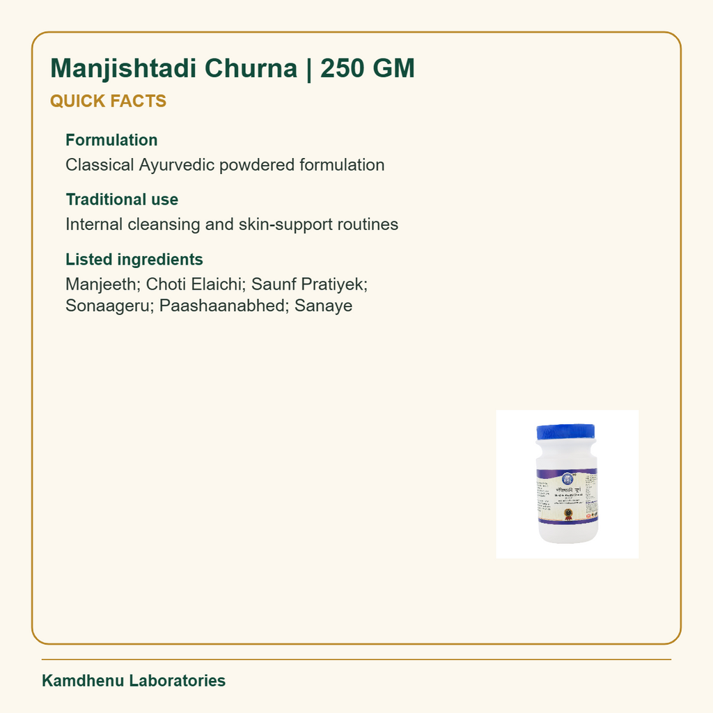 Manjishtadi Churna | 250 GM — Quick Facts: Formulation: Classical Ayurvedic powdered formulation