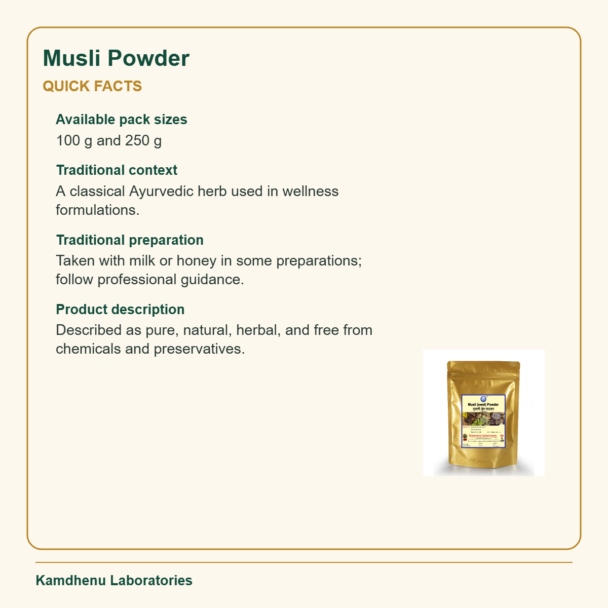 Musli Powder — Quick Facts: Available pack sizes: 100 g and 250 g