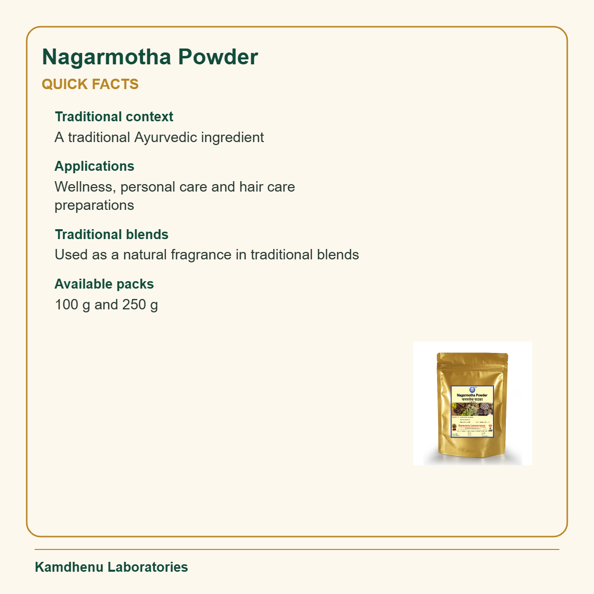 Nagarmotha Powder — Quick Facts: Traditional context: A traditional Ayurvedic ingredient