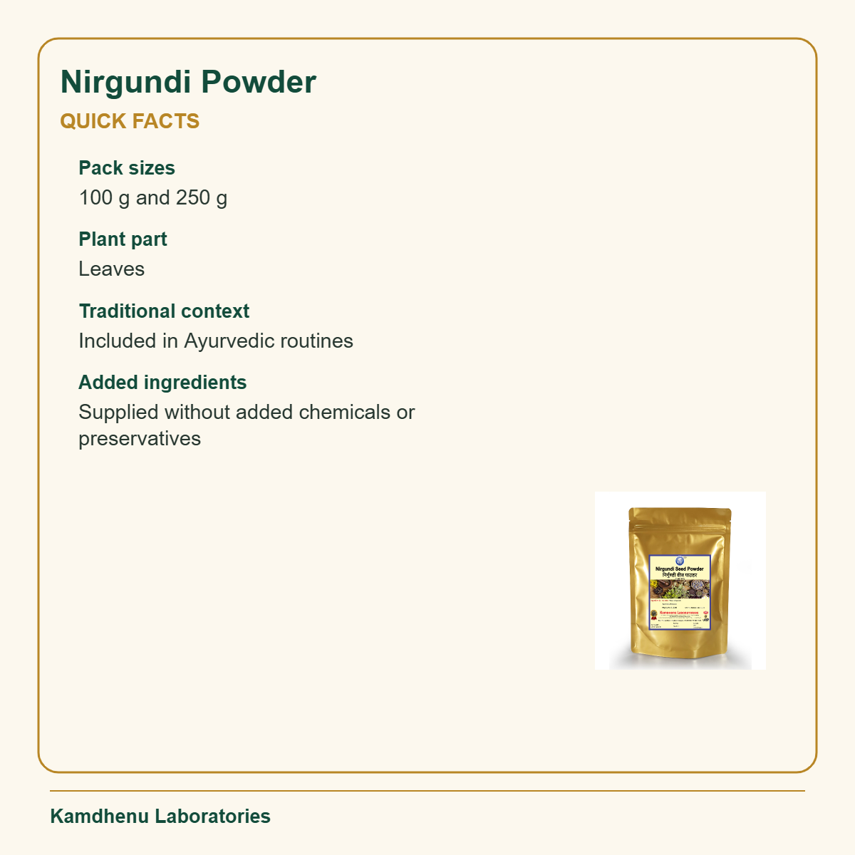 Nirgundi Powder — Quick Facts: Pack sizes: 100 g and 250 g