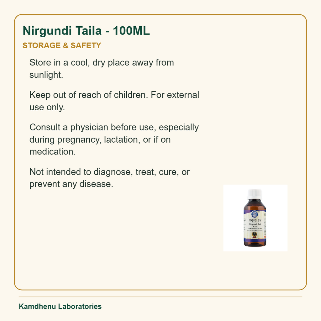 Nirgundi Taila - 100ML — Storage & Safety: Store in a cool, dry place away from sunlight.