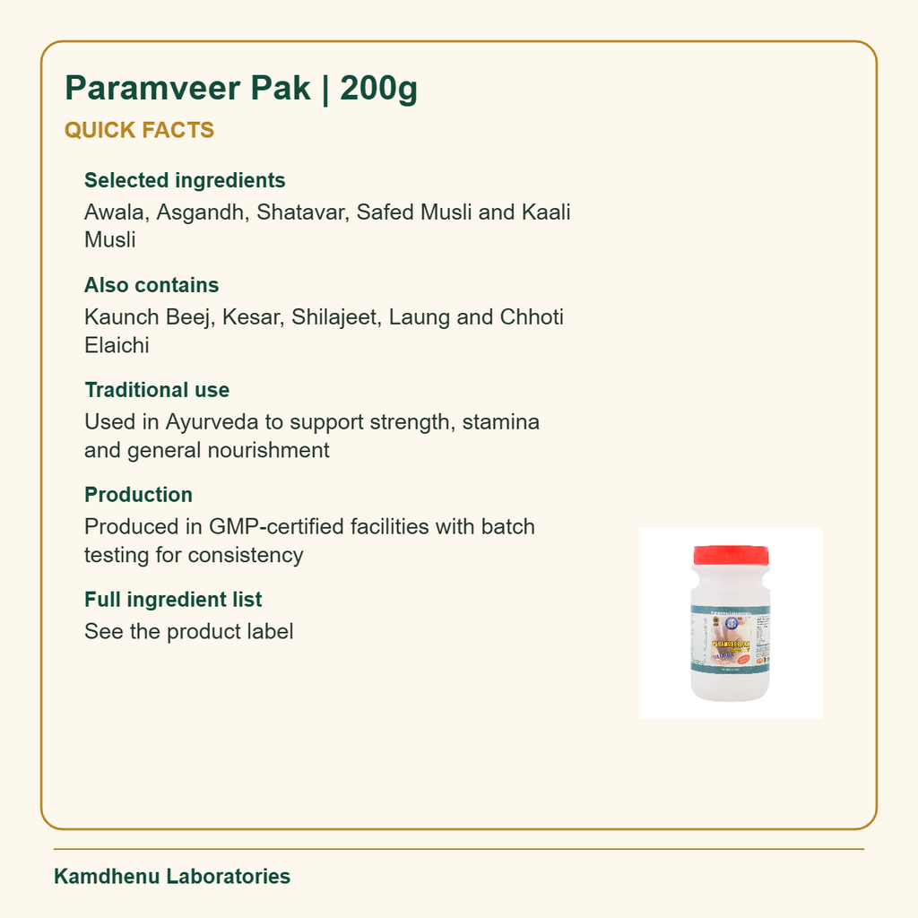 Paramveer Pak | 200g — Quick Facts: Selected ingredients: Awala, Asgandh, Shatavar, Safed Musli and Kaali Musli