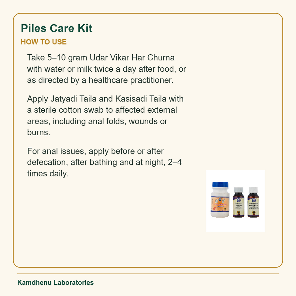 Piles Care Kit — How to Use: For anal issues, apply before or after defecation, after bathing and at night, 2–4 times daily.