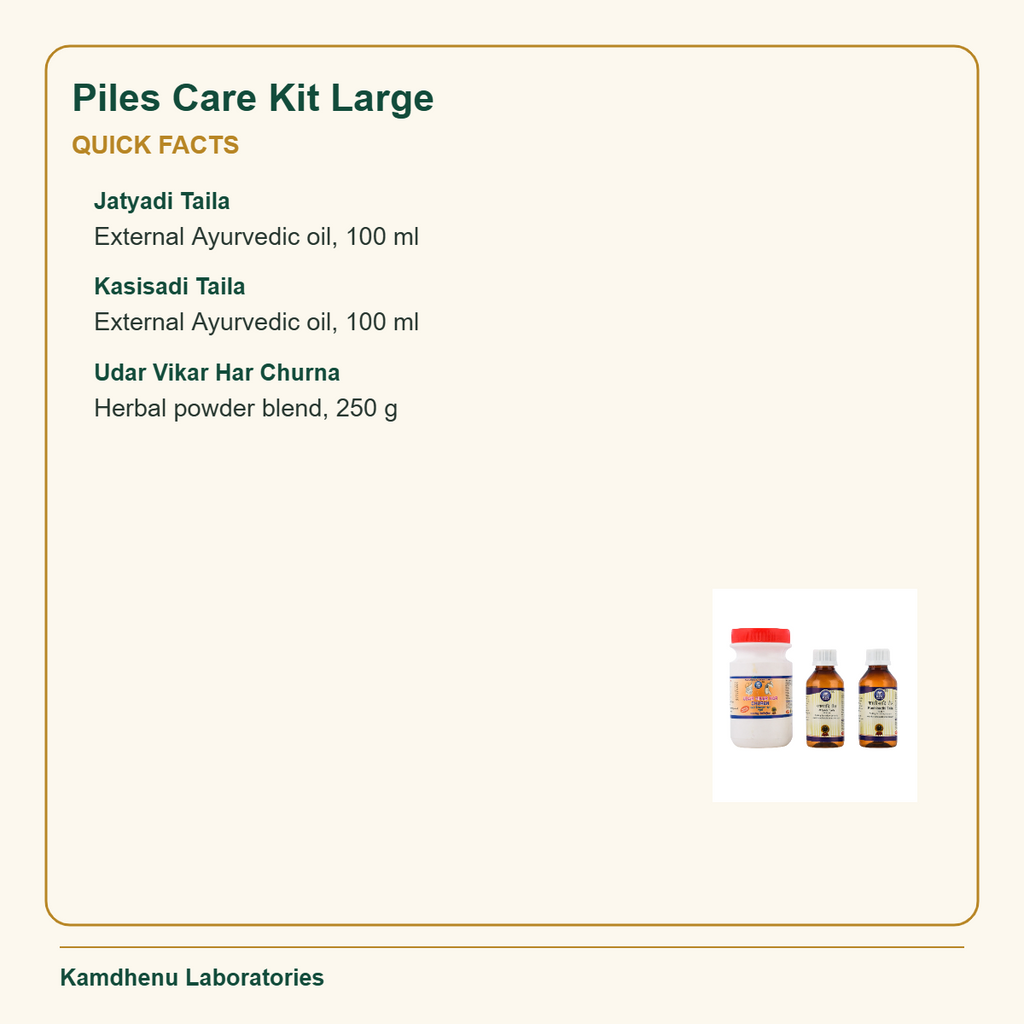 Piles Care Kit Large — Quick Facts: Jatyadi Taila: External Ayurvedic oil, 100 ml