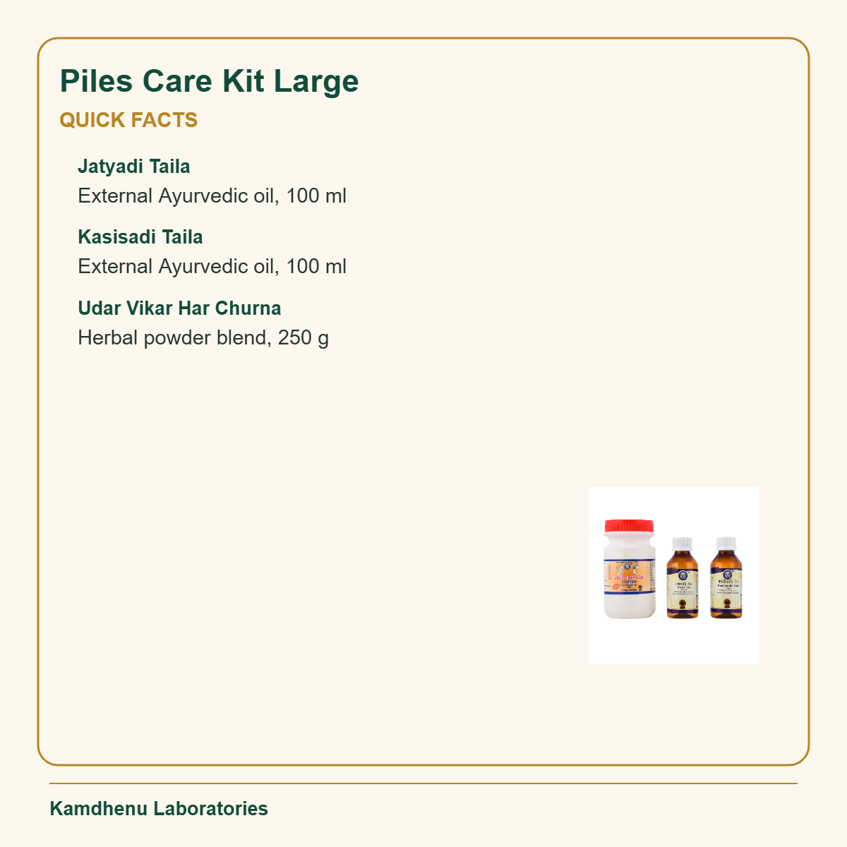 Piles Care Kit Large — Quick Facts: Jatyadi Taila: External Ayurvedic oil, 100 ml
