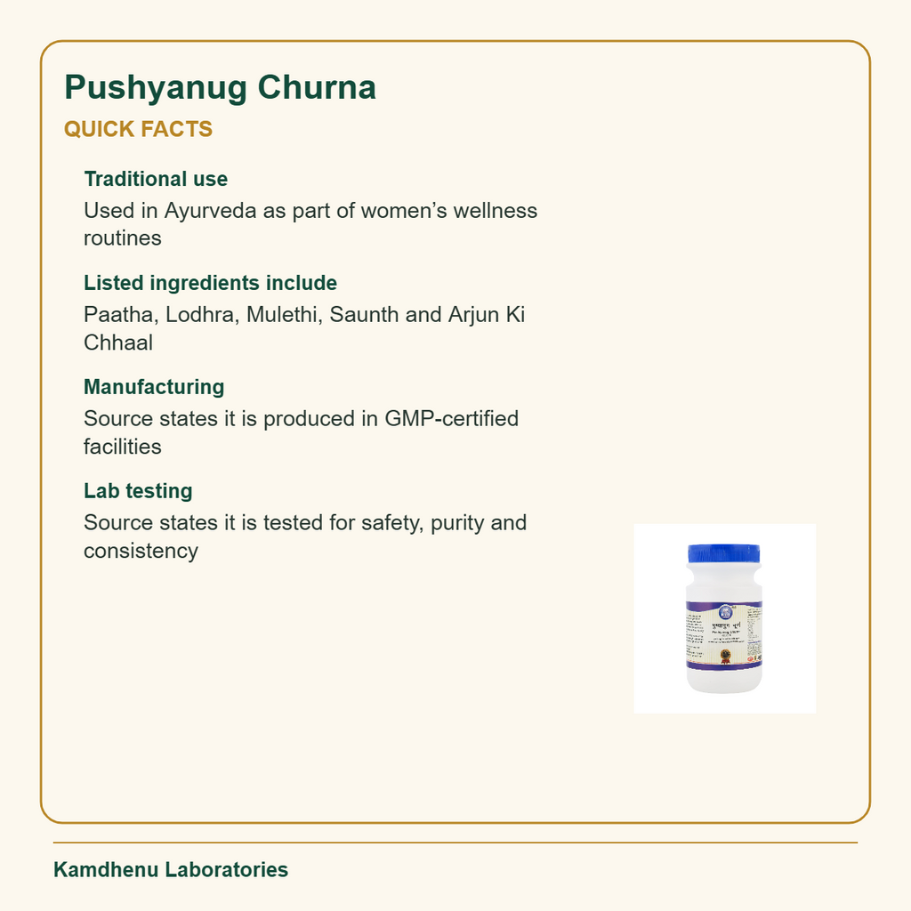 Pushyanug Churna — Quick Facts: Traditional use: Used in Ayurveda as part of women’s wellness routines