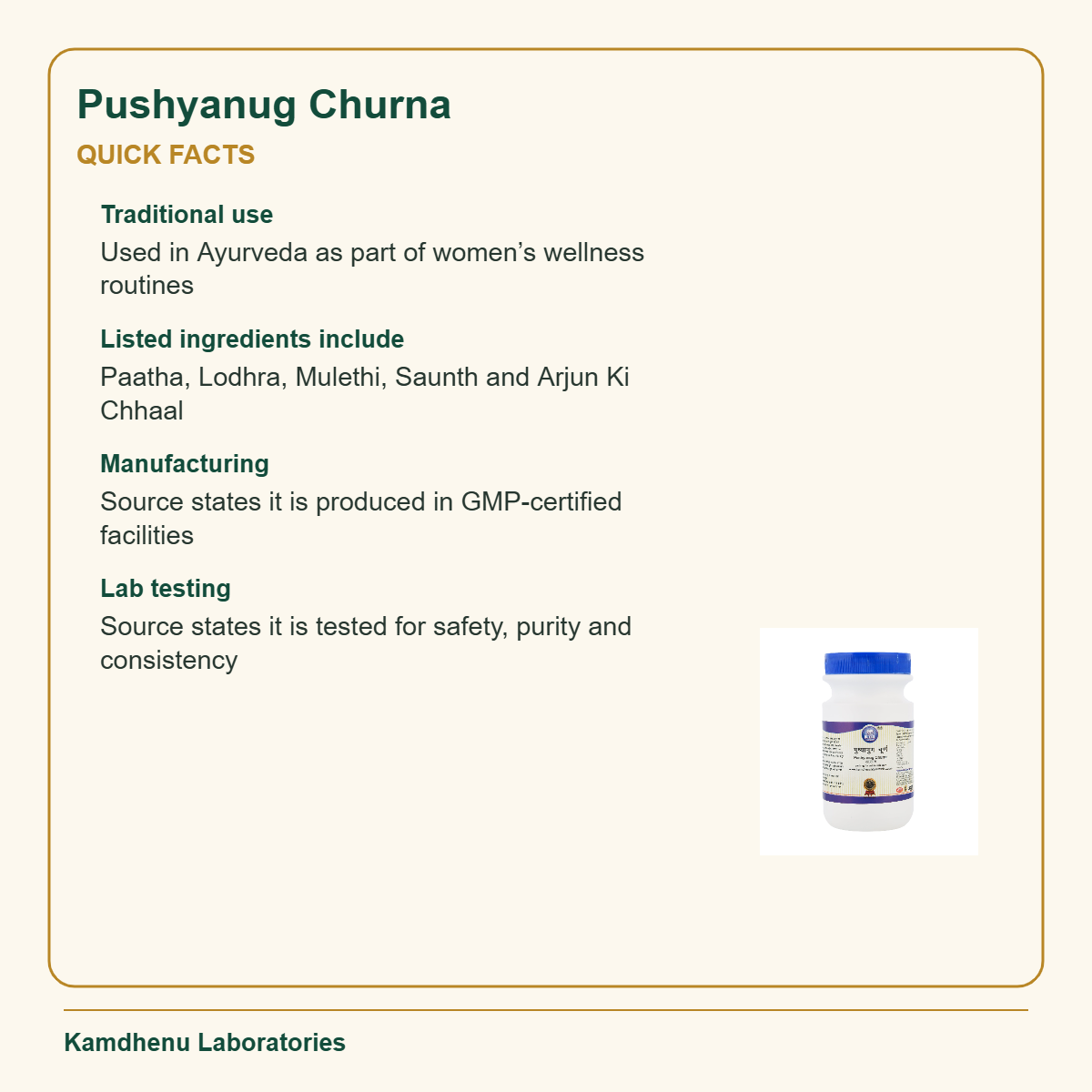 Pushyanug Churna — Quick Facts: Traditional use: Used in Ayurveda as part of women’s wellness routines