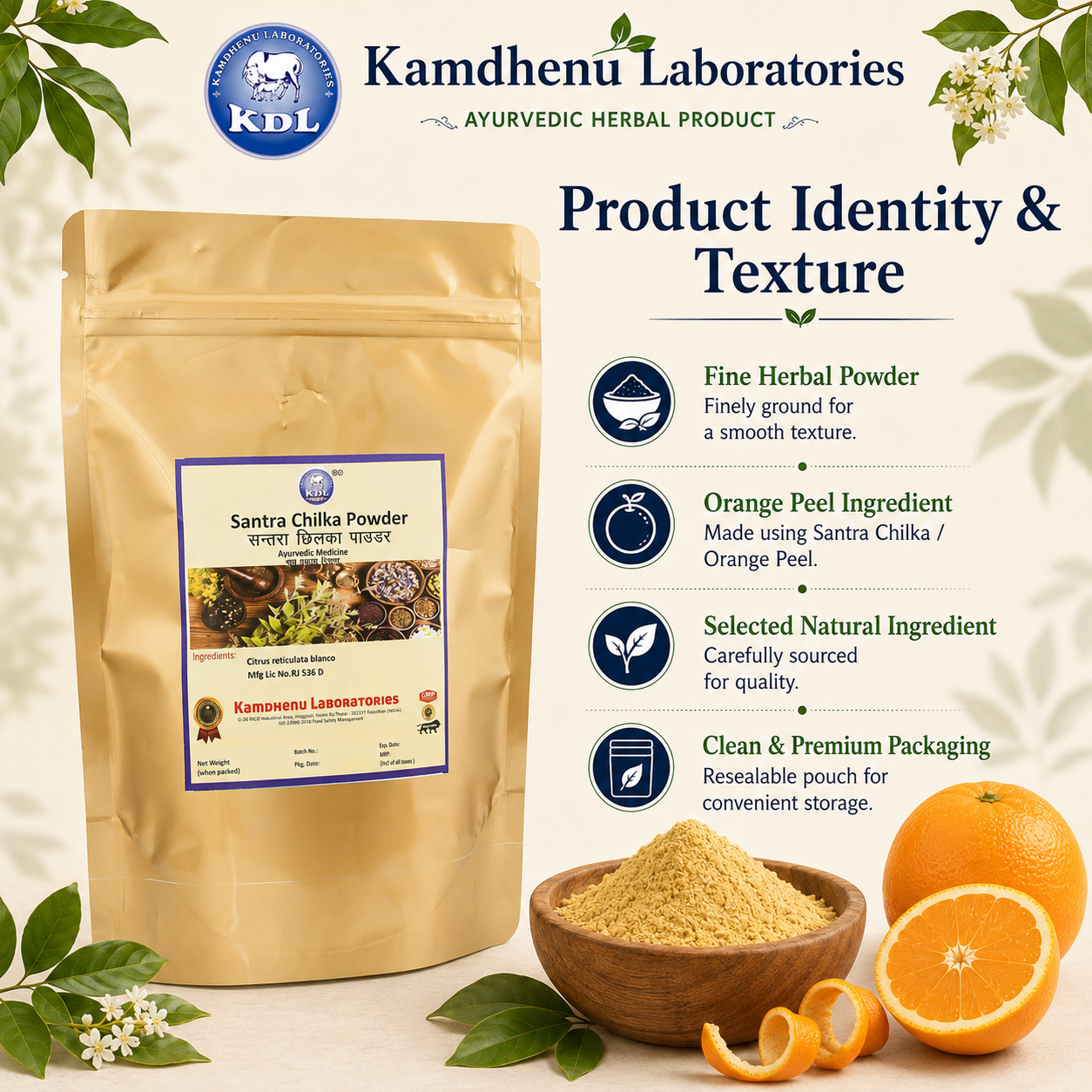 Fine herbal Santra Chilka Orange Peel Powder texture in premium resealable packaging