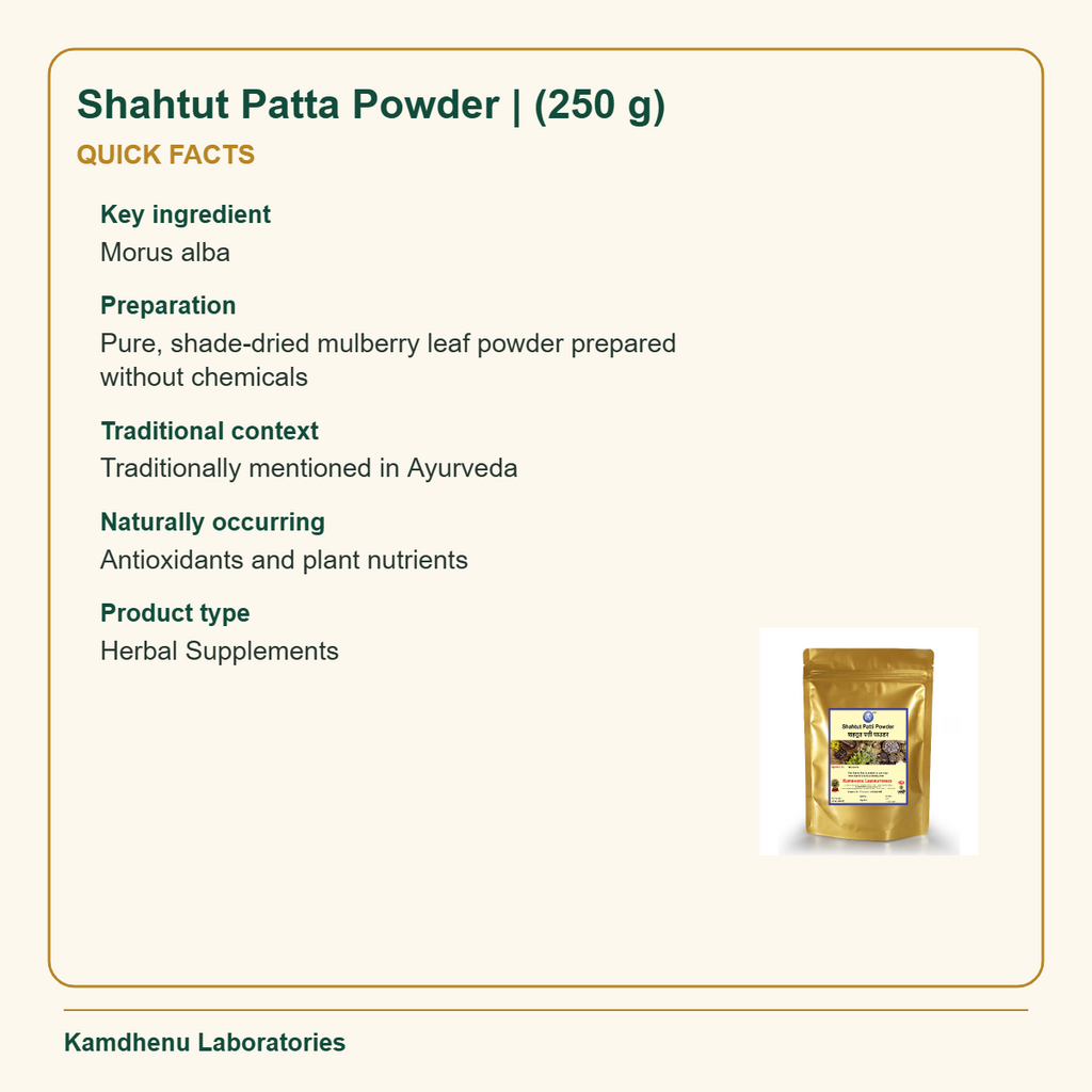 Shahtut Patta Powder | (250 g) — Quick Facts: Key ingredient: Morus alba