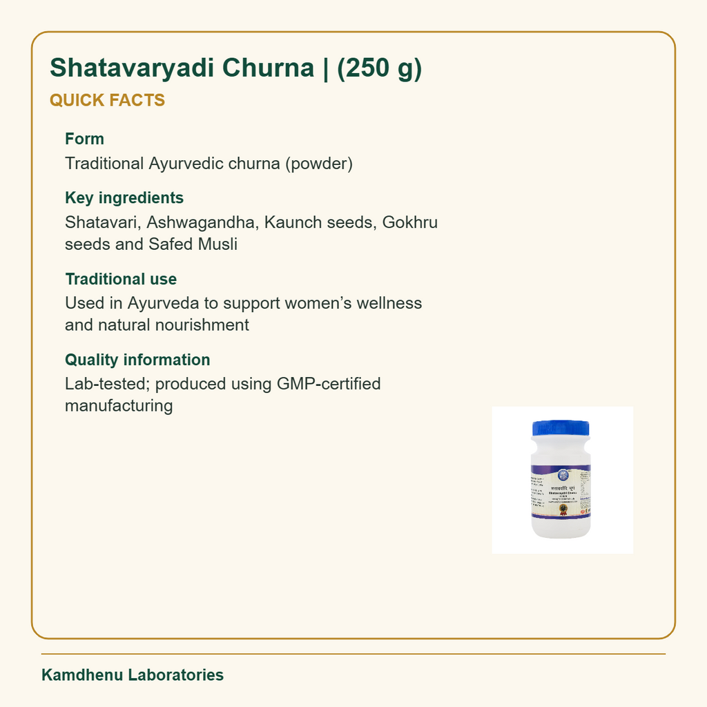 Shatavaryadi Churna | (250 g) — Quick Facts: Form: Traditional Ayurvedic churna (powder)