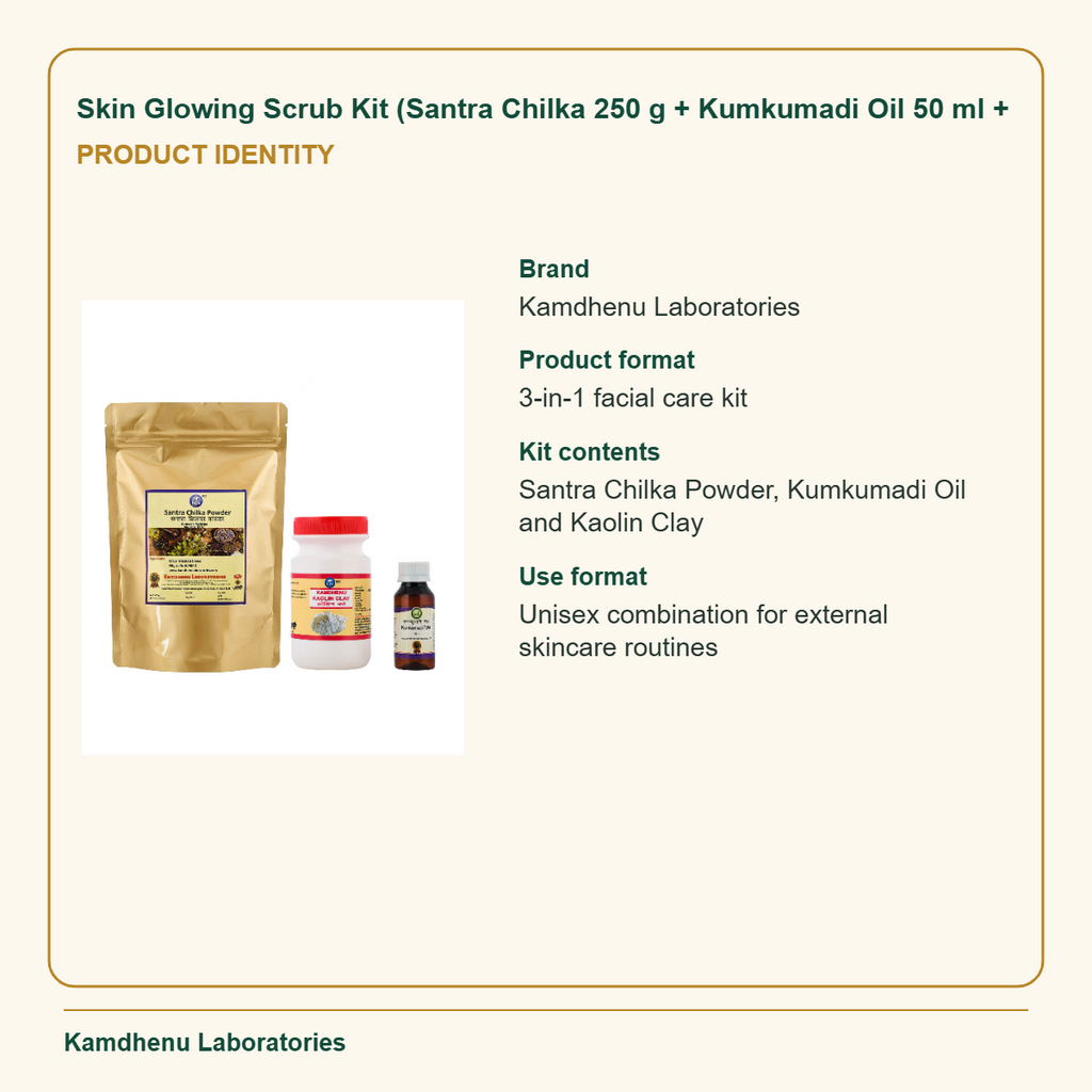 Skin Glowing Scrub Kit (Santra Chilka 250 g + Kumkumadi Oil 50 ml + — Product Identity: Brand: Kamdhenu Laboratories