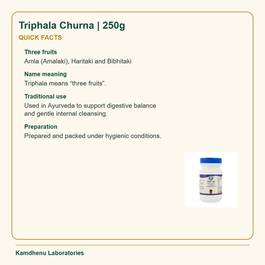 Triphala Churna | 250g — Quick Facts: Three fruits: Amla (Amalaki), Haritaki and Bibhitaki