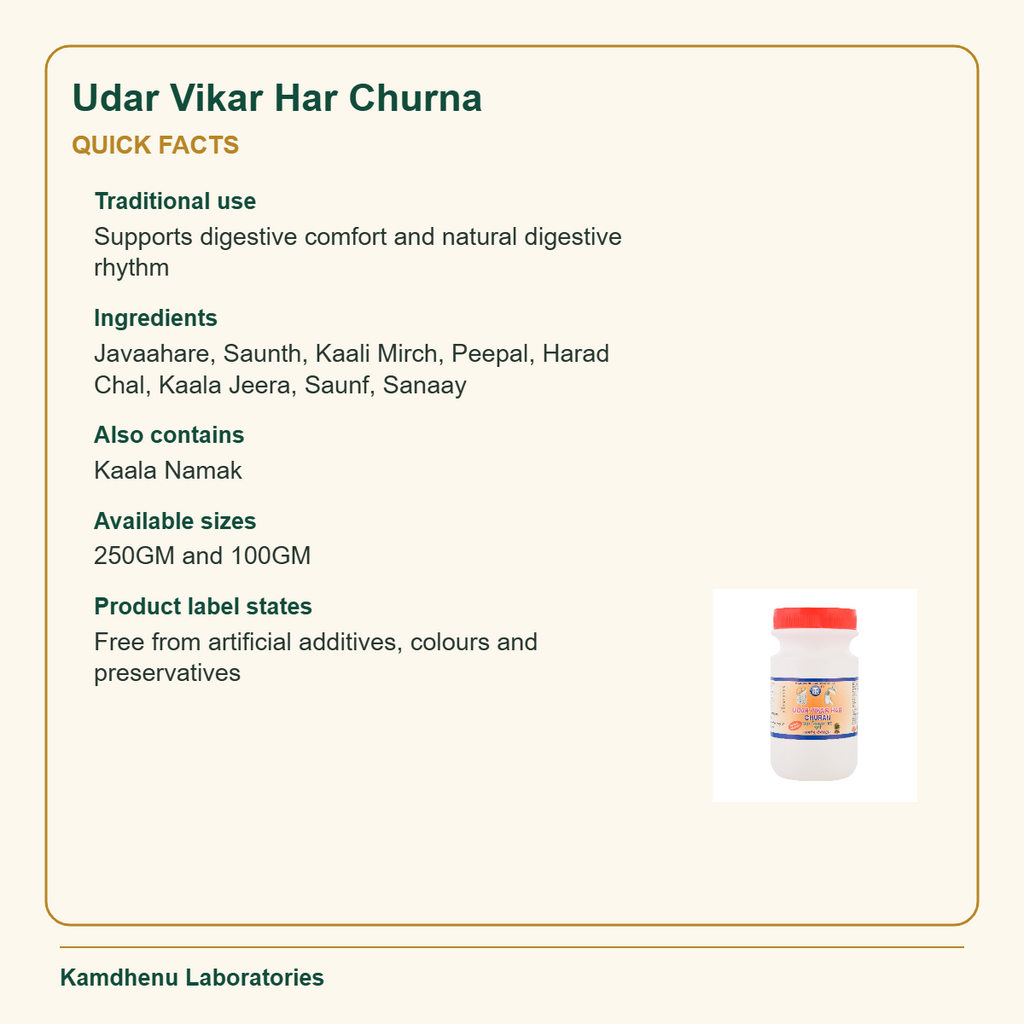 Udar Vikar Har Churna — Quick Facts: Traditional use: Supports digestive comfort and natural digestive rhythm
