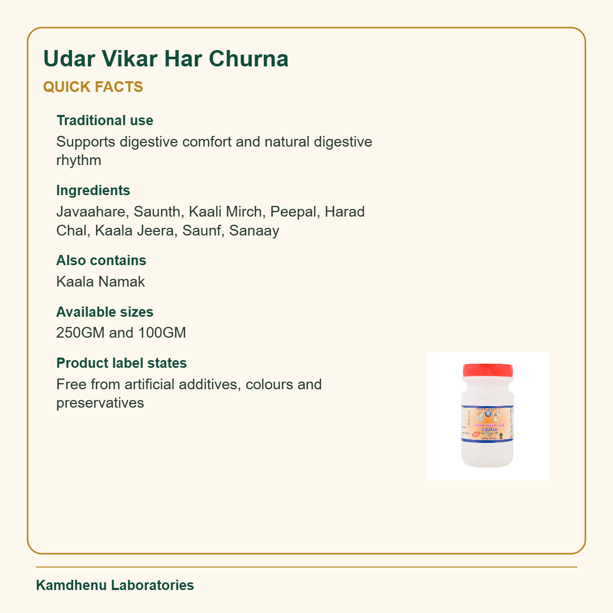 Udar Vikar Har Churna — Quick Facts: Traditional use: Supports digestive comfort and natural digestive rhythm